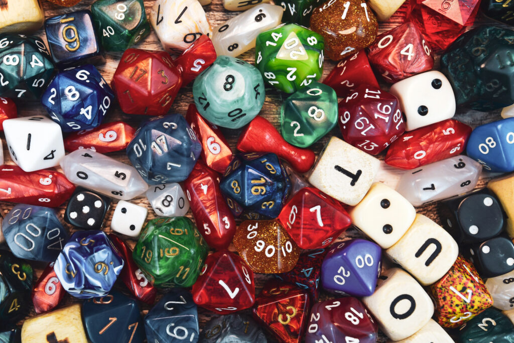 High,Angle,View,Background,With,Different,Colorful,Role,Playing,Dices
